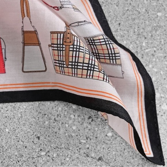 Burberry Scarf w/pattern of Burberry Bags, white/red/black, EUC - Picture 2 of 11